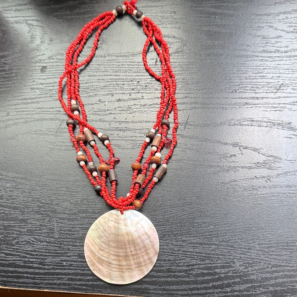Red Beaded Shell Pendant Necklace